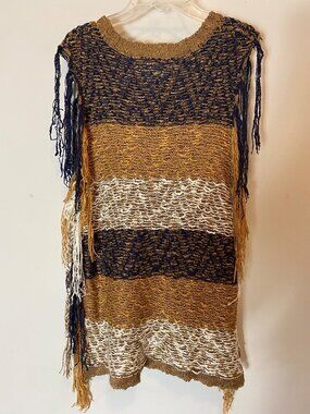 Vintage Miss Me Fringe Knit Sleeveless Tunic Top Striped Brown Navy White Small